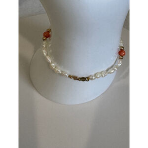 Vintage Unbranded 14k gold freshwater Pearl & Coral 6.5” Bracelet White & Orange